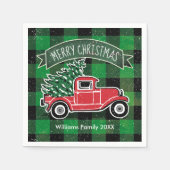 クリスマスのヴィンテージのトラックの名前の緑のバッファローの格子縞 スタンダードカクテルナプキン (正面)