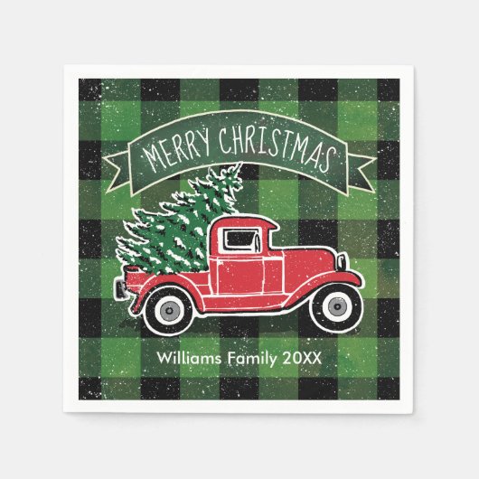 クリスマスのヴィンテージのトラックの名前の緑のバッファローの格子縞 スタンダードカクテルナプキン (正面)