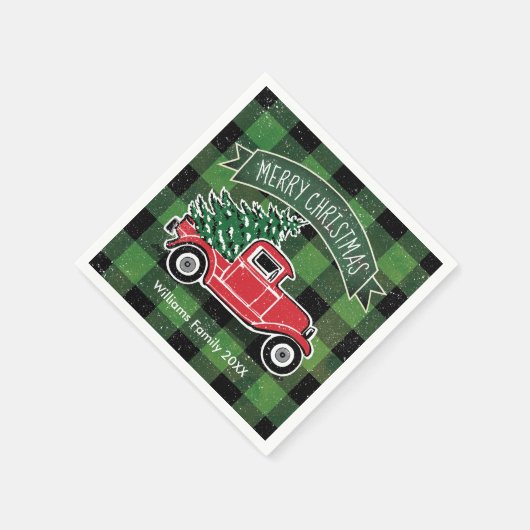 クリスマスのヴィンテージのトラックの名前の緑のバッファローの格子縞 スタンダードカクテルナプキン (角)