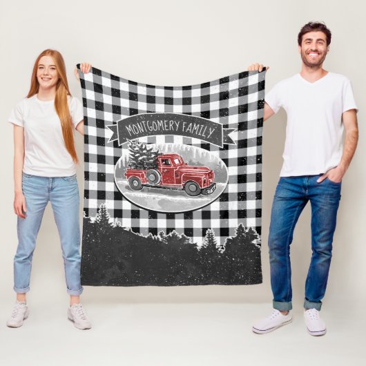 クリスマスのヴィンテージのトラックの白黒のバッファローの格子縞 フリースブランケット (インサイチュ)