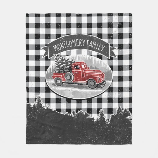 クリスマスのヴィンテージのトラックの白黒のバッファローの格子縞 フリースブランケット (正面)