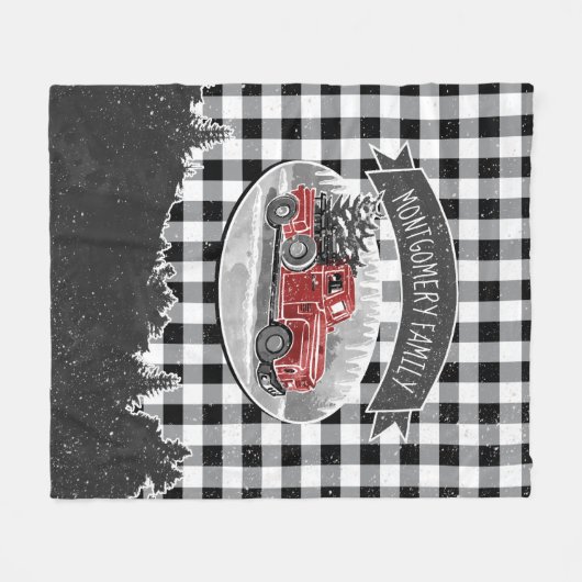 クリスマスのヴィンテージのトラックの白黒のバッファローの格子縞 フリースブランケット (正面(横))