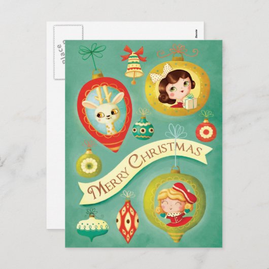 クリスマスのヴィンテージの人形およびトナカイの郵便はがき シーズンポストカード (正面/裏面)