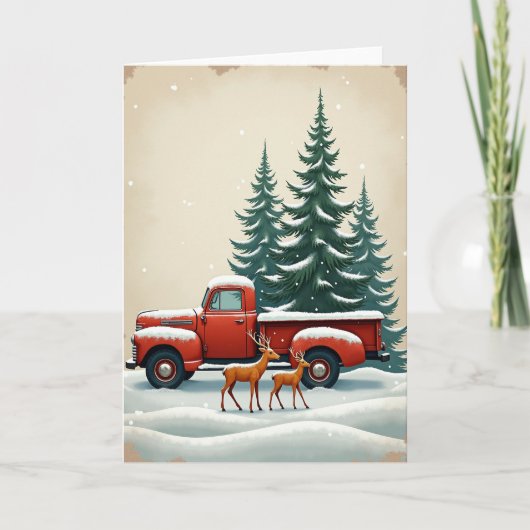 クリスマスのヴィンテージトラックと鹿の雪景色 カード (正面)
