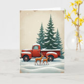 クリスマスのヴィンテージトラックと鹿の雪景色 カード (黄色い花)