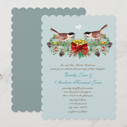 クリスマスのヴィンテージラブバーズ・チカディの結婚式 招待状 (正面/裏面)