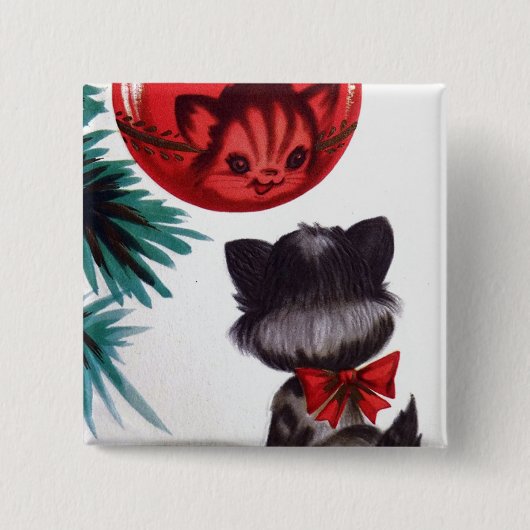 クリスマスのヴィンテージレトロ猫の反射のおもしろいボタン 缶バッジ (正面)