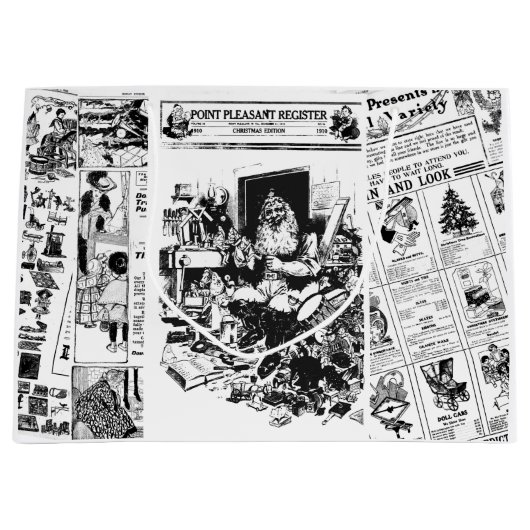 クリスマスのヴィンテージ新聞サンタのギフトバッグ ラージペーパーバッグ (正面)