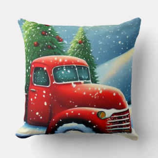 クリスマスのヴィンテージ赤いトラックと雪の木々 クッション
