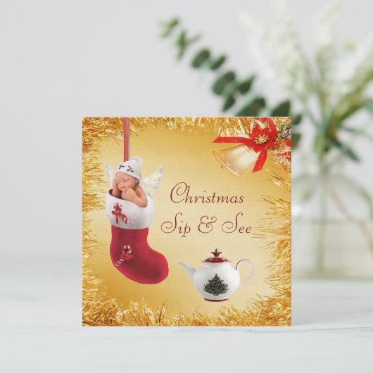 クリスマスの一口は及びベビー及びティーポットのベビーシャワーを見ます 招待状 (スタンド正面)