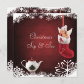 クリスマスの一口は及びベビー及びティーポットのベビーシャワーを見ます 招待状 (正面/裏面)