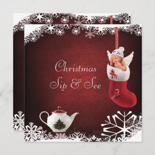 クリスマスの一口は及びベビー及びティーポットのベビーシャワーを見ます 招待状 (正面/裏面)