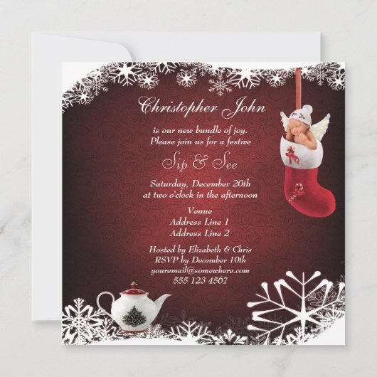 クリスマスの一口は及びベビー及びティーポットのベビーシャワーを見ます 招待状 (裏面)