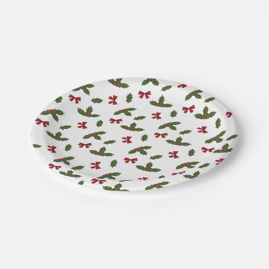 クリスマスの一般的なホリーの植物と赤い弓のパターン ペーパープレート (アングル)