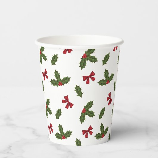 クリスマスの一般的なホリーの植物と赤い弓のパターン 紙コップ (裏面)