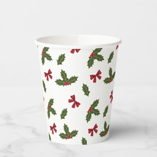 クリスマスの一般的なホリーの植物と赤い弓のパターン 紙コップ (左)