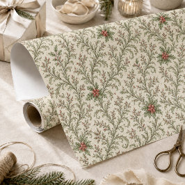 クリスマスの上品な赤と緑の葉のホリデー ラッピングペーパー