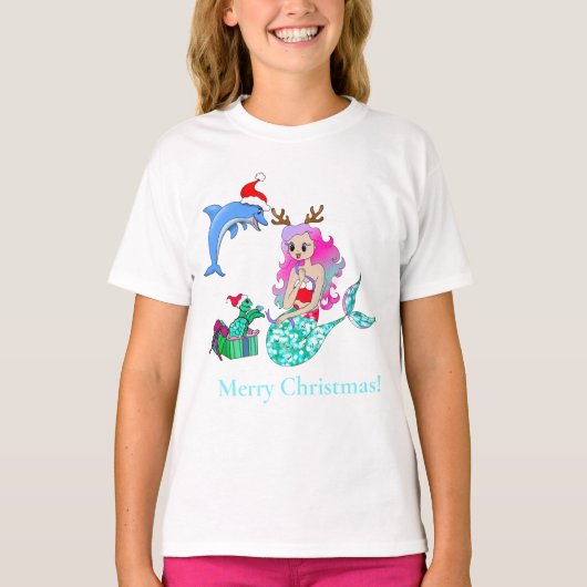 クリスマスの人魚がプレゼントを開ける Tシャツ (正面)