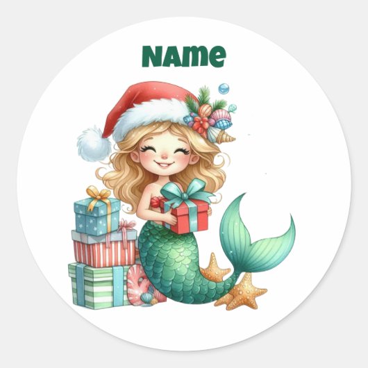 クリスマスの人魚丸型ステッカー(名入れ可能) ラウンドシール (正面)