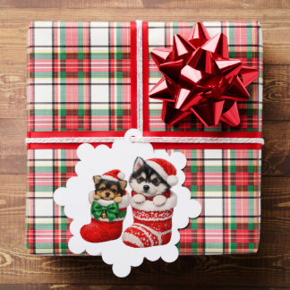 クリスマスの仔犬のニット オーナメントカード