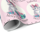 クリスマスの仔猫 大きなピンクのリボン 名前入り ラッピングペーパー (ロールコーナー)