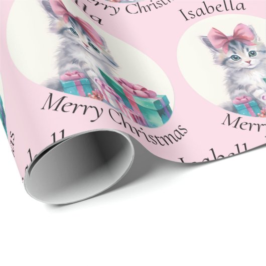 クリスマスの仔猫 大きなピンクのリボン 名前入り ラッピングペーパー (ロールコーナー)