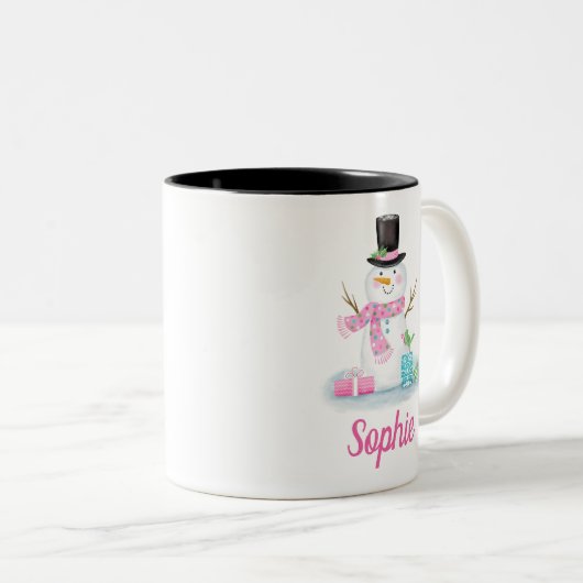 クリスマスの休日のかわいい雪だるまの冬のマグ ツートーンマグカップ (正面右)