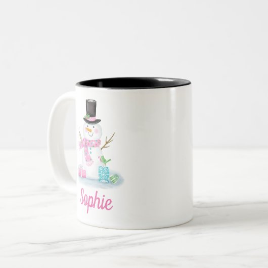 クリスマスの休日のかわいい雪だるまの冬のマグ ツートーンマグカップ (正面左)