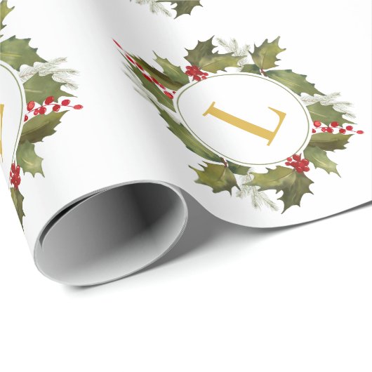 クリスマスの休日のヴィンテージのヒイラギのモノグラムのリース ラッピングペーパー (ロールコーナー)
