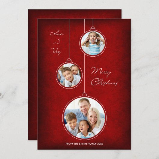 クリスマスの休日の写真カード赤いオーナメント シーズンカード (正面/裏面)