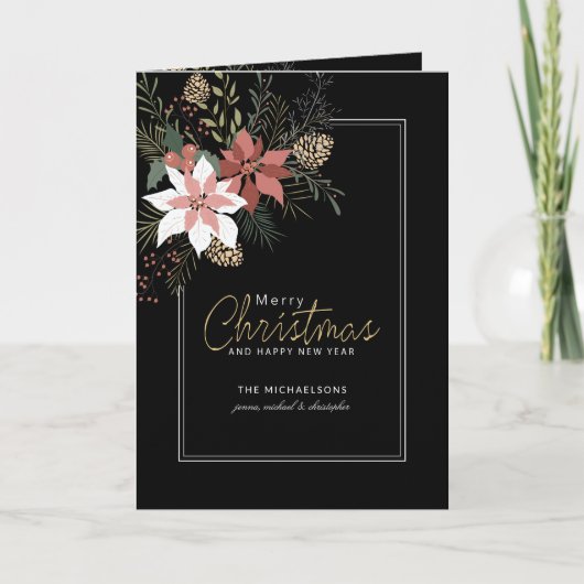 クリスマスの休日の写真 |ピンクポインセティアス シーズンカード (正面)