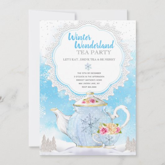 クリスマスの休日の冬の不思議の国のお茶会 招待状 (正面)