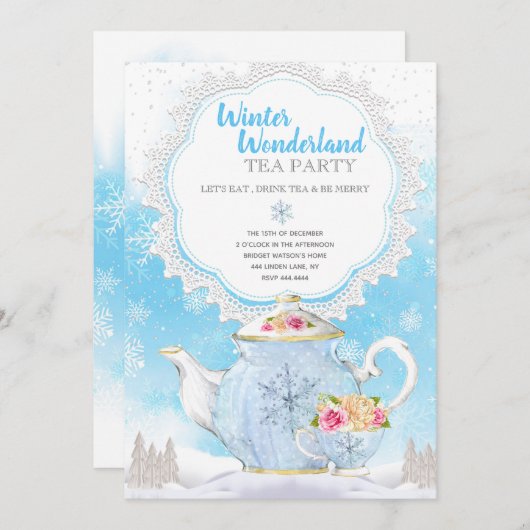 クリスマスの休日の冬の不思議の国のお茶会 招待状 (正面/裏面)