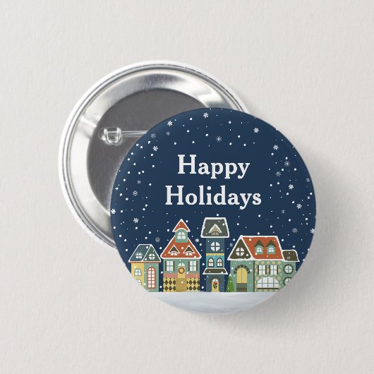 クリスマスの休日の夕べの冬の村場面 缶バッジ (正面&裏面)