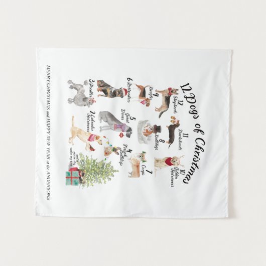 クリスマスの休日の帽子、スカーフの12匹の犬は、曲がります タペストリー (正面(横))