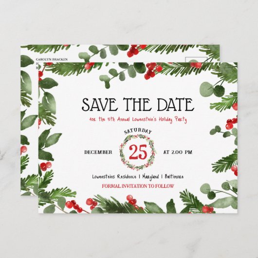 クリスマスの休日の年間パーティーの保存日付 案内ポストカード (正面/裏面)