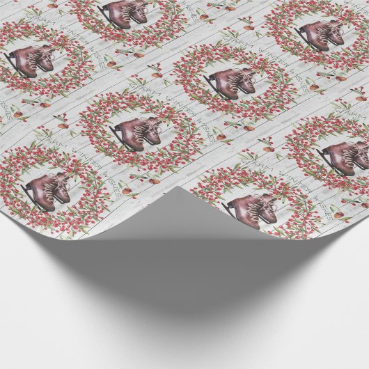 クリスマスの休日の素朴なリースおよびスケート ラッピングペーパー (角)