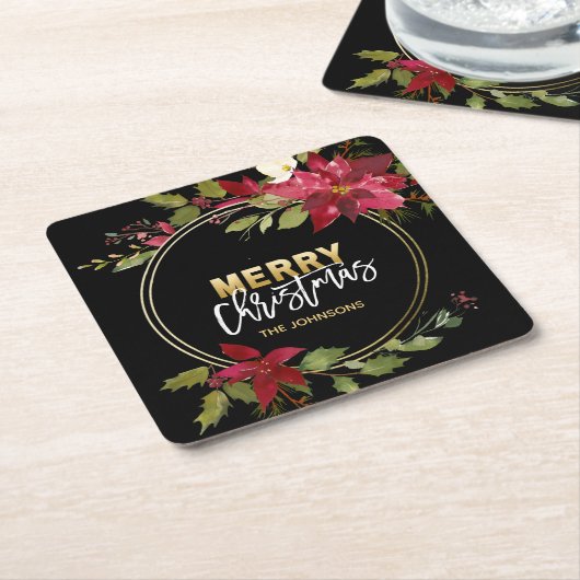 クリスマスの休日の金ゴールドの赤のポインセチア スクエアペーパーコースター (アングル)