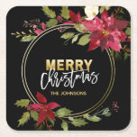 クリスマスの休日の金ゴールドの赤のポインセチア スクエアペーパーコースター<br><div class="desc">選択姓(削除望まれる文字無し)の中間の金の指輪そしてメリークリスマスのエレガントな水彩画の花のポインセチア。  黒い背景色は変えることができます。  ホストのギフトかパーティーのために投げた場合完成して下さい。  see一致項目!</div>