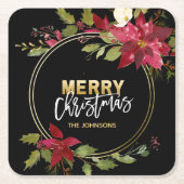 クリスマスの休日の金ゴールドの赤のポインセチア スクエアペーパーコースター (正面)