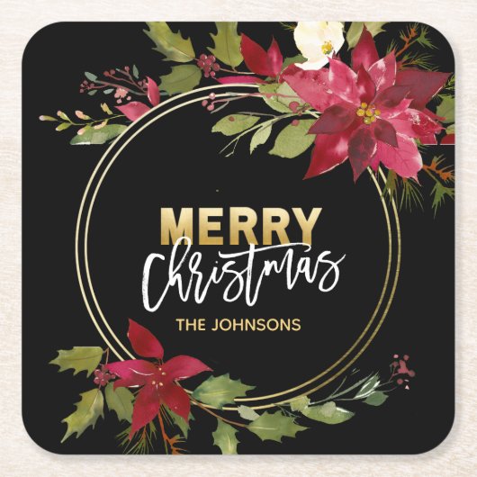 クリスマスの休日の金ゴールドの赤のポインセチア スクエアペーパーコースター (正面)