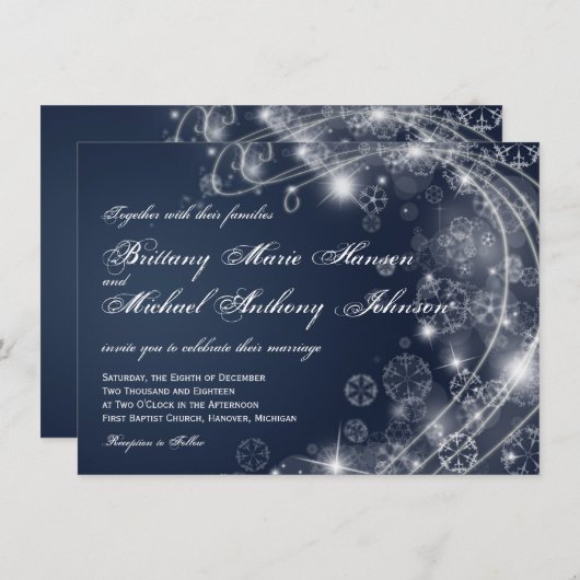 クリスマスの休日の雪片の青い結婚式の招待 招待状 (正面/裏面)