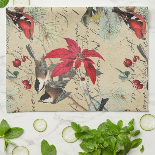 クリスマスの休日の鳥および赤いポインセチア キッチンタオル (折り畳み)
