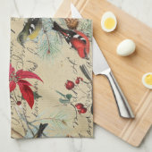 クリスマスの休日の鳥および赤いポインセチア キッチンタオル (四つ折り)