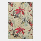 クリスマスの休日の鳥および赤いポインセチア キッチンタオル (縦)