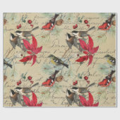 クリスマスの休日の鳥および赤いポインセチア ラッピングペーパー (フラット)