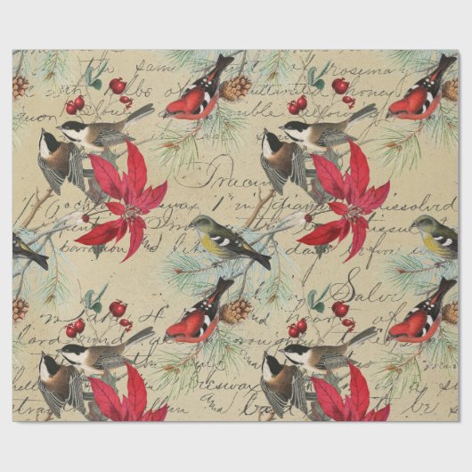 クリスマスの休日の鳥および赤いポインセチア ラッピングペーパー (フラット)