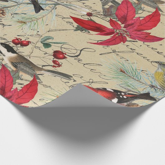 クリスマスの休日の鳥および赤いポインセチア ラッピングペーパー (角)