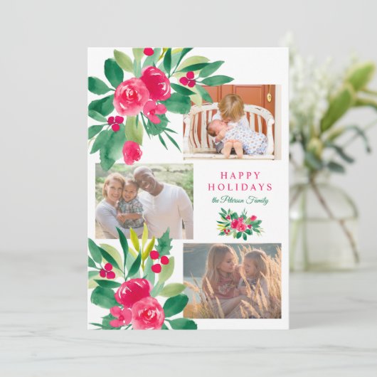 クリスマスの休日フローラ水色3枚の写真雪 カード (スタンド正面)