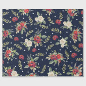 クリスマスの休日海軍バーガンディのアイボリーの花のバラ ラッピングペーパー (フラット)